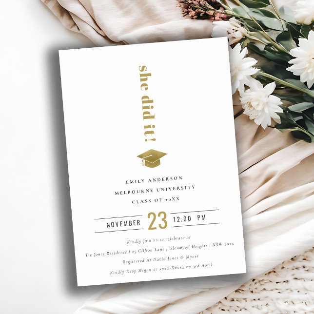 Elegant Minimal Gold Typography Graduation Cap Invitation (Creator Uploaded)