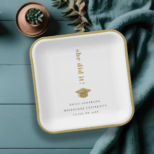 Elegant Minimal Gold Typography Graduation Cap Paper Plate