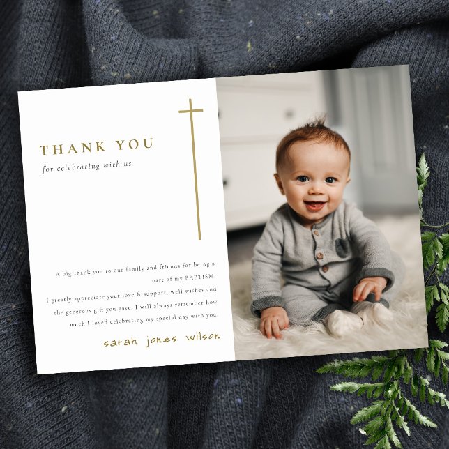 Elegant Minimal Gold Typography Photo Baptism Thank You Card (Creator Uploaded)