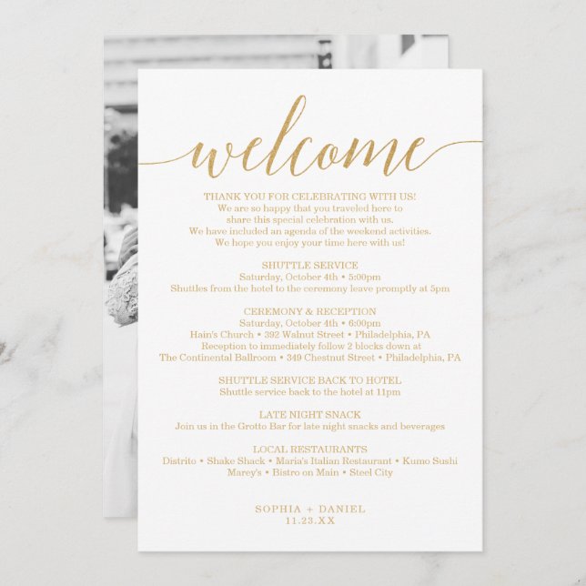 Elegant Minimal Gold Wedding Welcome Itinerary Invitation (Front/Back)