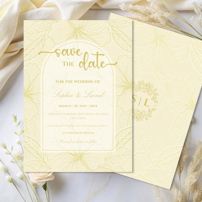 Elegant Minimal Golden Outline Floral Wedding Save The Date (Creator Uploaded)