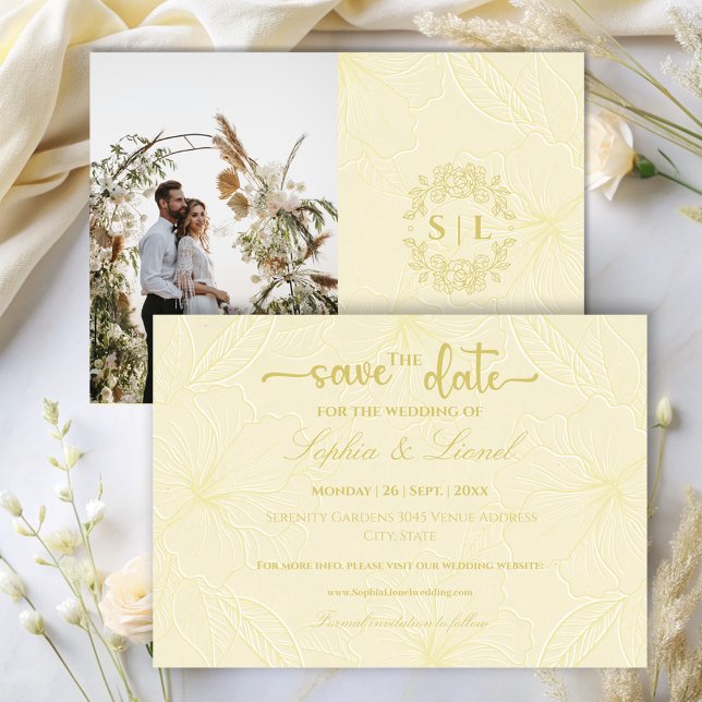 Elegant Minimal Golden Outline Flowers Wedding Save The Date (Creator Uploaded)