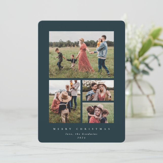 Elegant Minimal Green Frame 4 Photo Holiday Card (Standing Front)