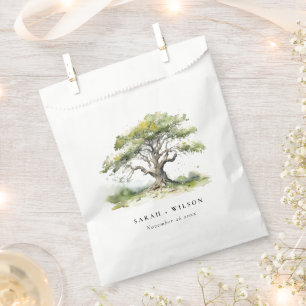 Elegant Minimal Green Watercolor Oak Tree Wedding Favour Bag