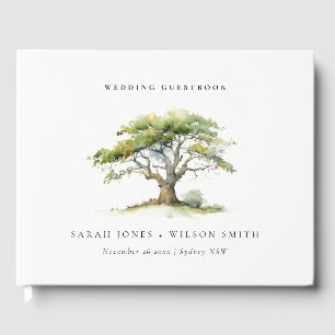 Elegant Minimal Green Watercolor Oak Tree Wedding Guest Book
