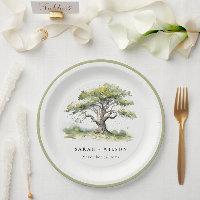 Elegant Minimal Green Watercolor Oak Tree Wedding Paper Plate (Wedding)