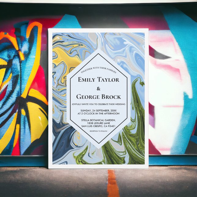 Elegant Minimal Green Yellow Blue Abstract Wedding Invitation (Creator Uploaded)