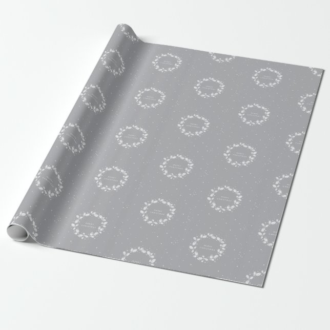 Elegant Minimal Grey Merry Christmas Holly Wreath Wrapping Paper (Unrolled)
