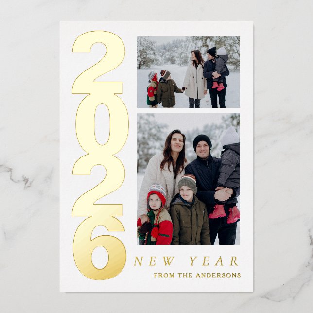 Elegant Minimal Happy New Year Family 2 Photo Foil Holiday Card (Front)