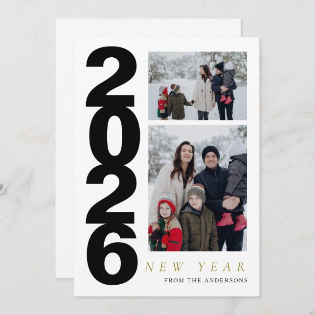 Elegant Minimal Happy New Year Family 2 Photo Holiday Card (Front/Back)
