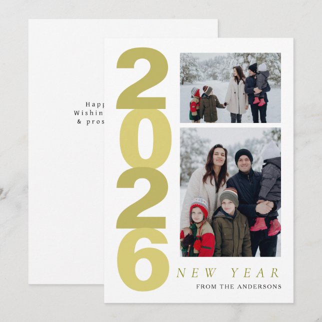 Elegant Minimal Happy New Year Family 2 Photo Holiday Card (Front/Back)