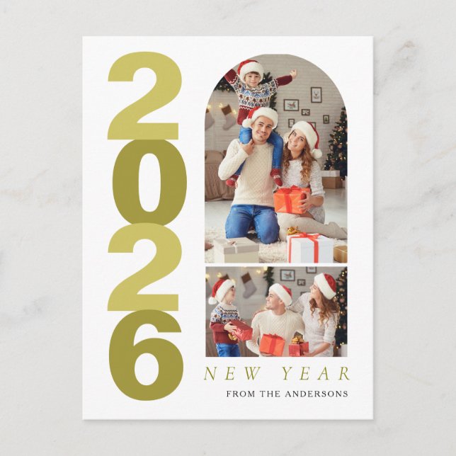 Elegant Minimal Happy New Year Family 2 Photo Holiday Postcard (Front)