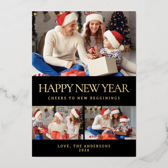 Elegant Minimal Happy New Year Family Photo Foil Holiday Card (Front)