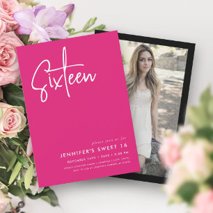 Elegant Minimal Hot Pink Photo Sweet 16  Invitation