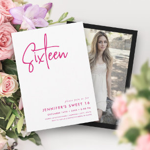 Elegant Minimal Hot Pink White Photo Sweet 16  Invitation