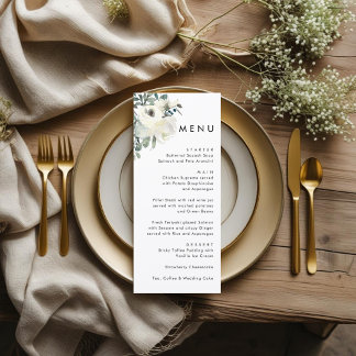 Elegant Minimal Ivory Floral Dusty Blue Wedding  Menu