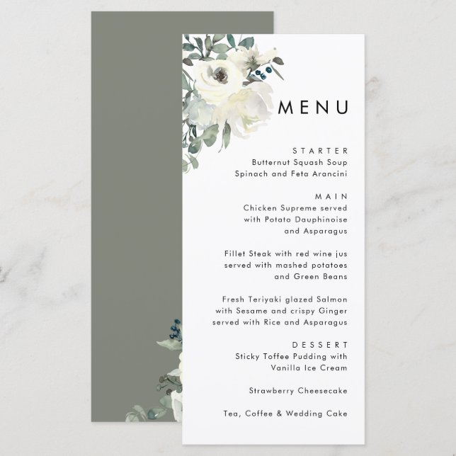 Elegant Minimal Ivory Floral Olive Green Wedding  Menu (Front/Back)