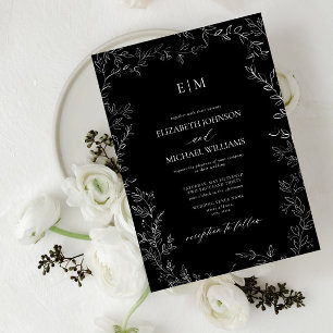 Elegant Minimal Leaf Black White Monogram Wedding Invitation