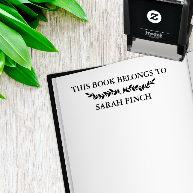 Elegant Minimal Leaf Branch This Book Belongs To Self-inking Stamp (simple leaf divider bookplate)