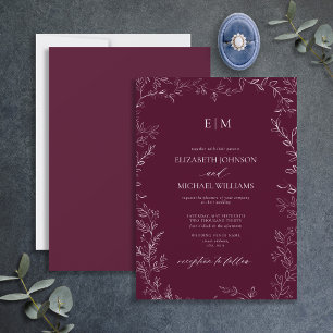 Elegant Minimal Leaf Burgundy Monogram Wedding Invitation