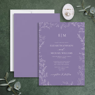 Elegant Minimal Leaf Lavender Monogram Wedding Invitation