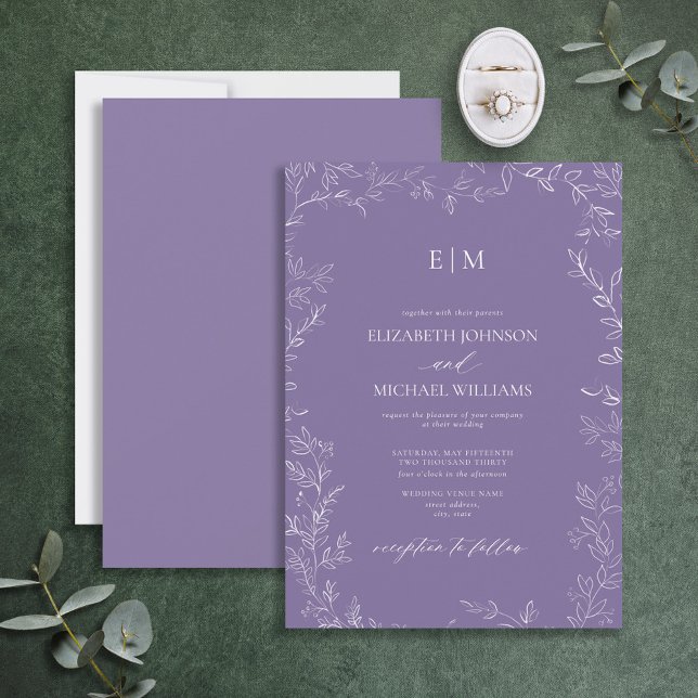 Elegant Minimal Leaf Lavender Monogram Wedding Invitation (Creator Uploaded)