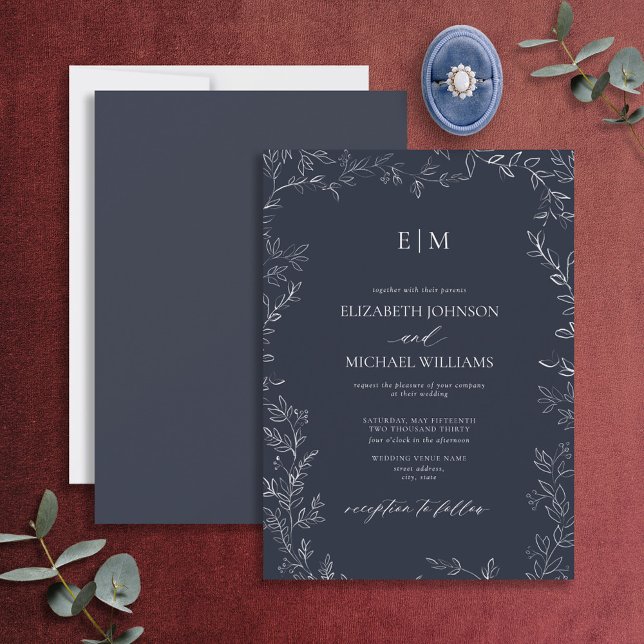Elegant Minimal Leaf Navy Blue Monogram Wedding Invitation (Creator Uploaded)