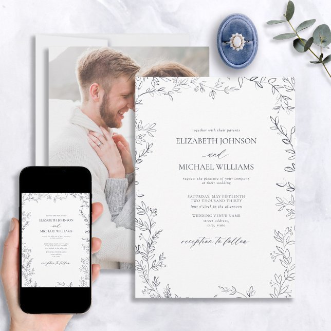Elegant Minimal Leaf Navy Blue Photo Wedding Invitation (Creator Uploaded)