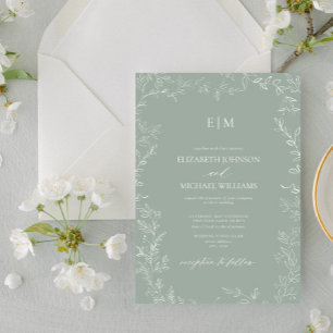 Elegant Minimal Leaf Sage Green Monogram Wedding Invitation