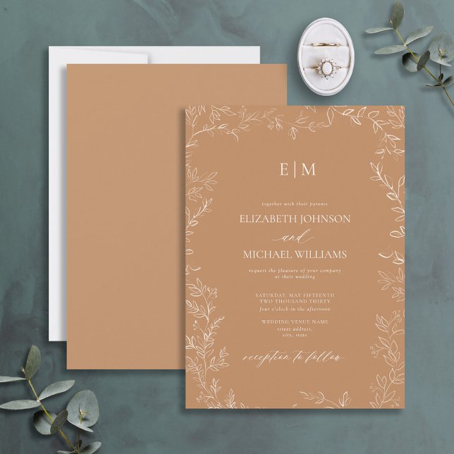 Elegant Minimal Leaf Terracotta Monogram Wedding Invitation (Creator Uploaded)