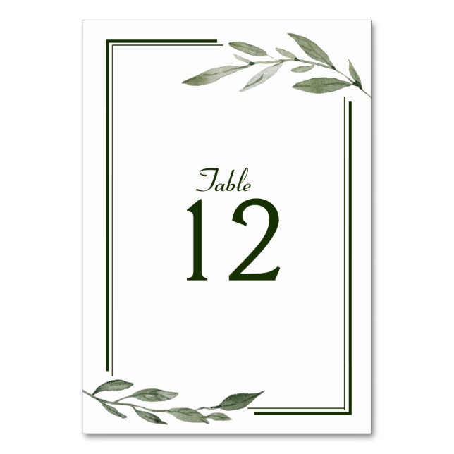 Elegant Minimal Leaves Frame Green Olive Hunter Table Number (Front)