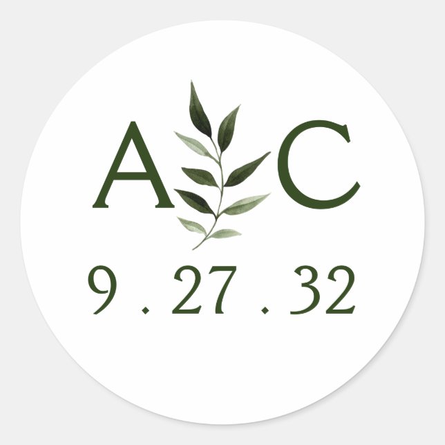 Elegant Minimal Leaves Frame Green Olive Initials Classic Round Sticker (Front)