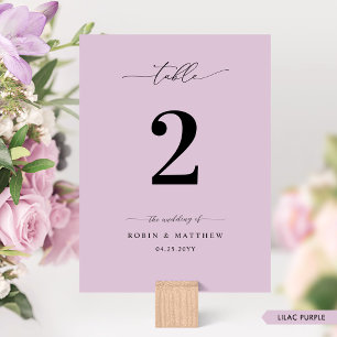 Elegant, Minimal Lilac Purple Wedding Table Number