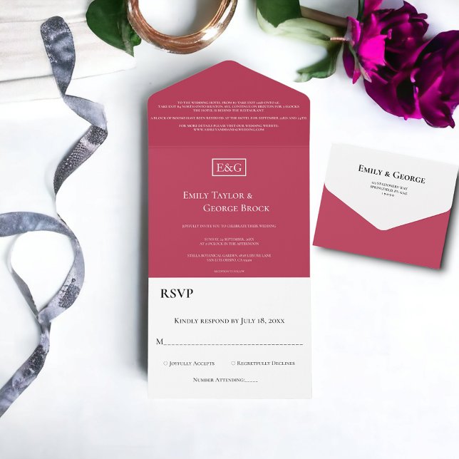 Elegant Minimal Magenta Monogram Modern Wedding All In One Invitation (Creator Uploaded)