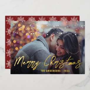 Elegant Minimal Merry Christmas Custom Photo  Foil Holiday Card