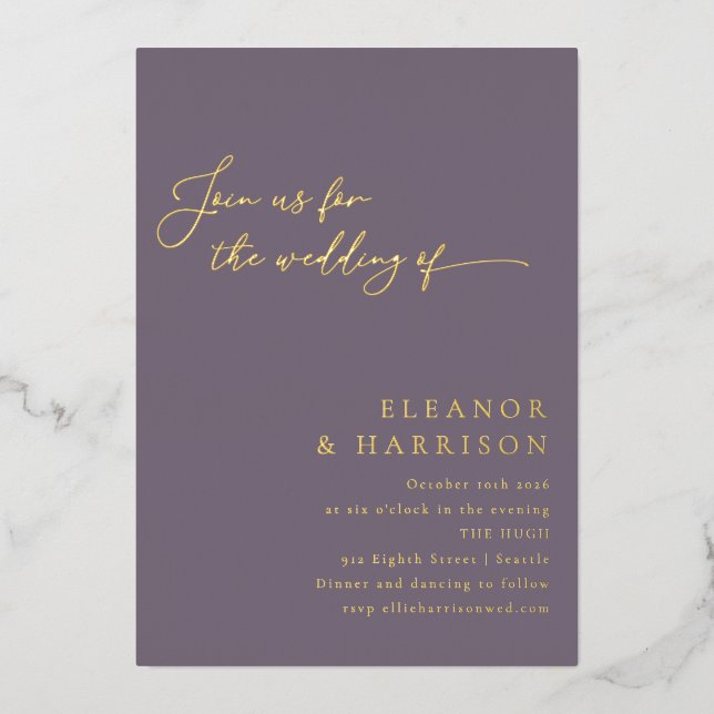 Elegant Minimal Modern Purple Script Wedding Gold (Front)