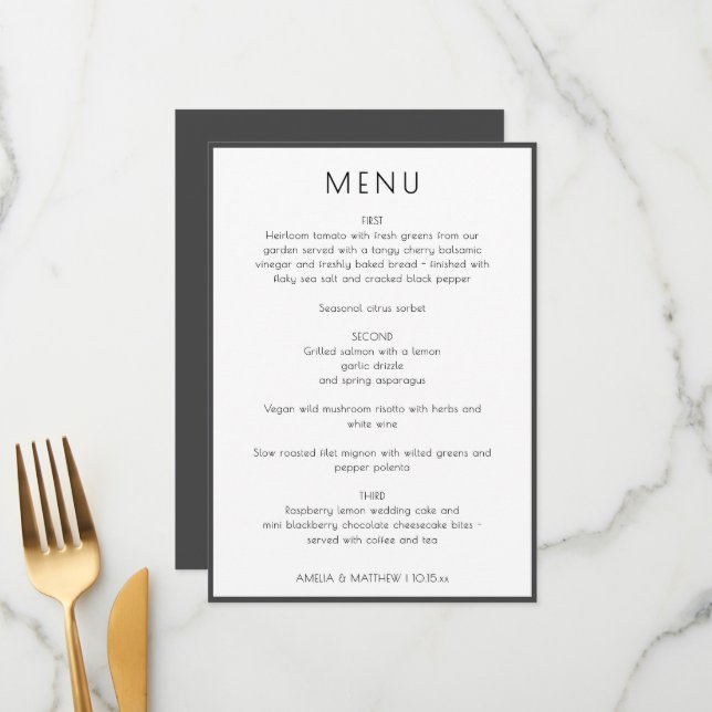Elegant Minimal Modern White Simple Wedding Dinner Menu (Front/Back In Situ)