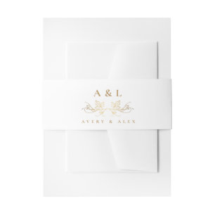 Elegant Minimal Monogram White Gold Wedding Crest Invitation Belly Band