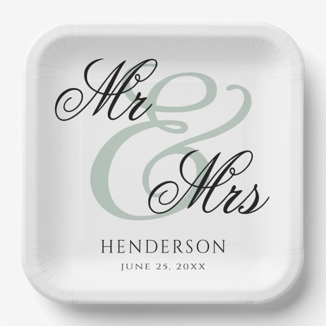 Elegant Minimal Mr and Mrs. Wedding Paper Plate (Front)
