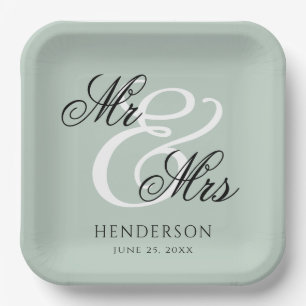 Elegant Minimal Mr and Mrs. Wedding Paper Plate