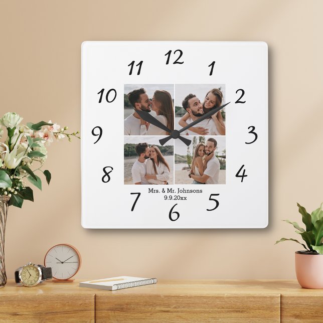 elegant minimal mrs & mr  4 photos collage wedding square wall clock (Creator Uploaded)