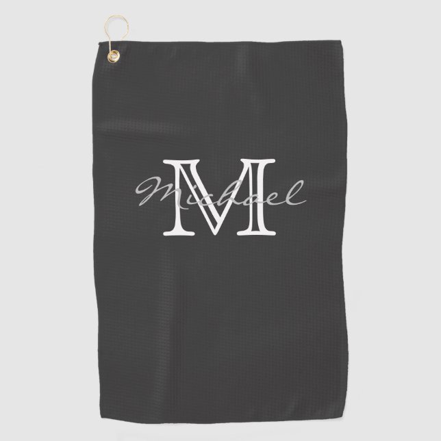 Elegant Minimal Name and Monogram Dark Grey Golf Towel (Front)