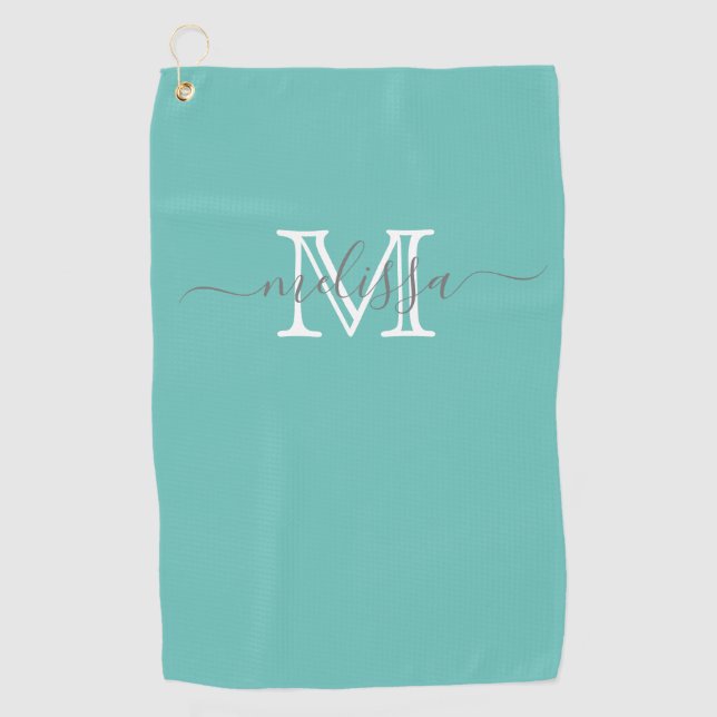 Elegant Minimal Name and Monogram Teal Golf Towel (Front)