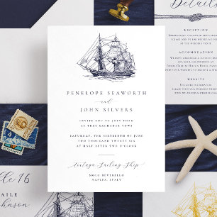 Elegant Minimal Nautical Ship Illustration Wedding Invitation