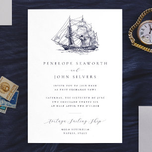 Elegant Minimal Nautical Ship Illustration Wedding Invitation