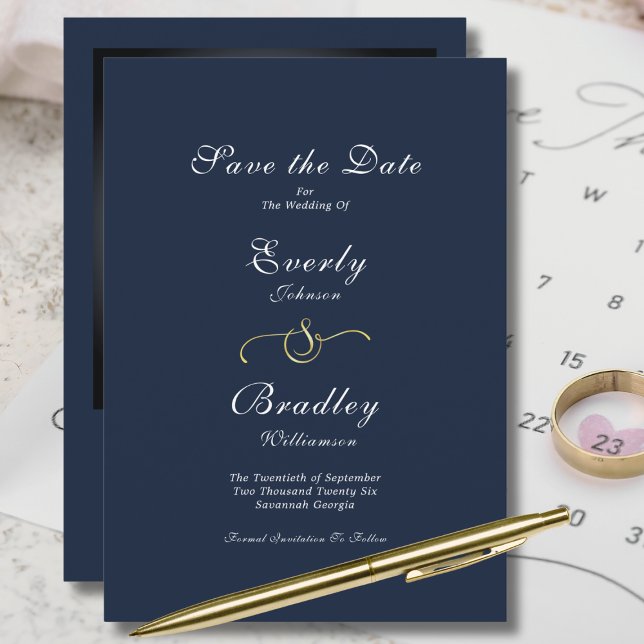 Elegant Minimal Navy Gold Script Save the Date Invitation (Creator Uploaded)