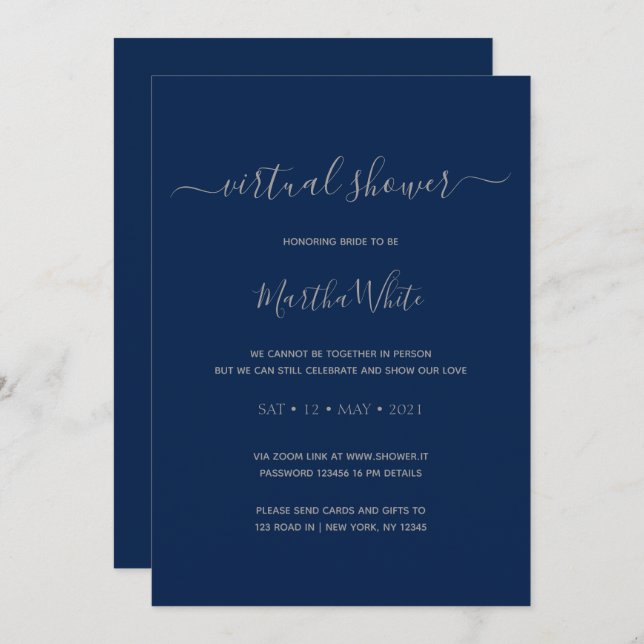 Elegant Minimal Navy Silver Virtual Bridal Shower Invitation (Front/Back)
