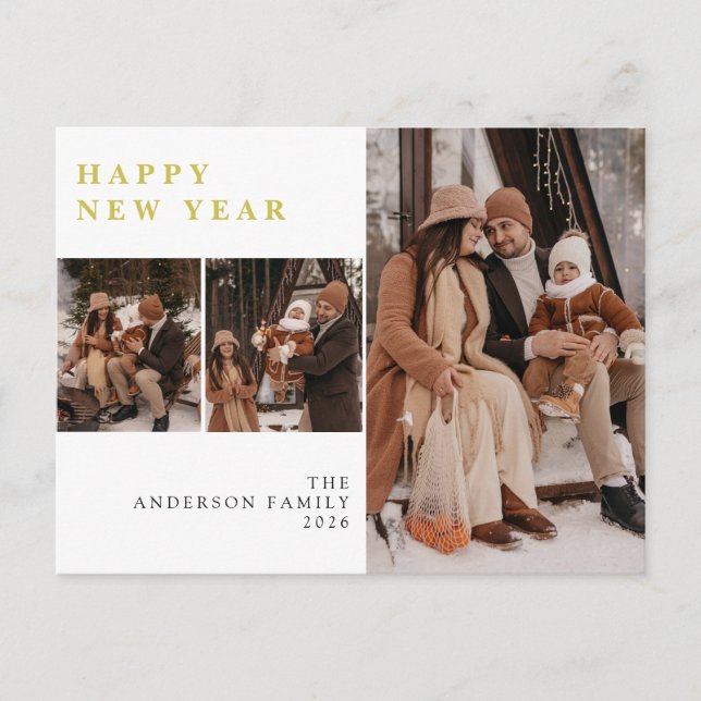Elegant Minimal New Year Cheers Family 3 Photo Holiday Postcard (Front)