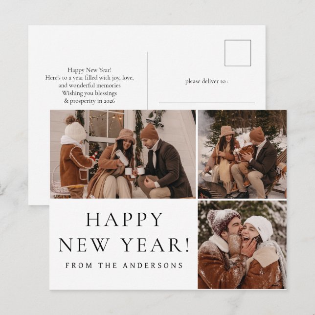 Elegant Minimal New Year Cheers Family 3 Photo Holiday Postcard (Front/Back)