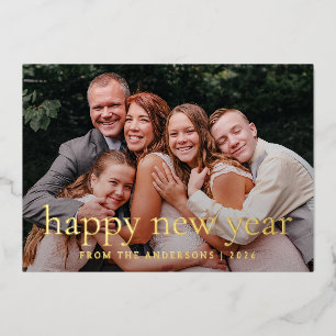Elegant Minimal New Year Cheers Family Photo Foil Holiday Card